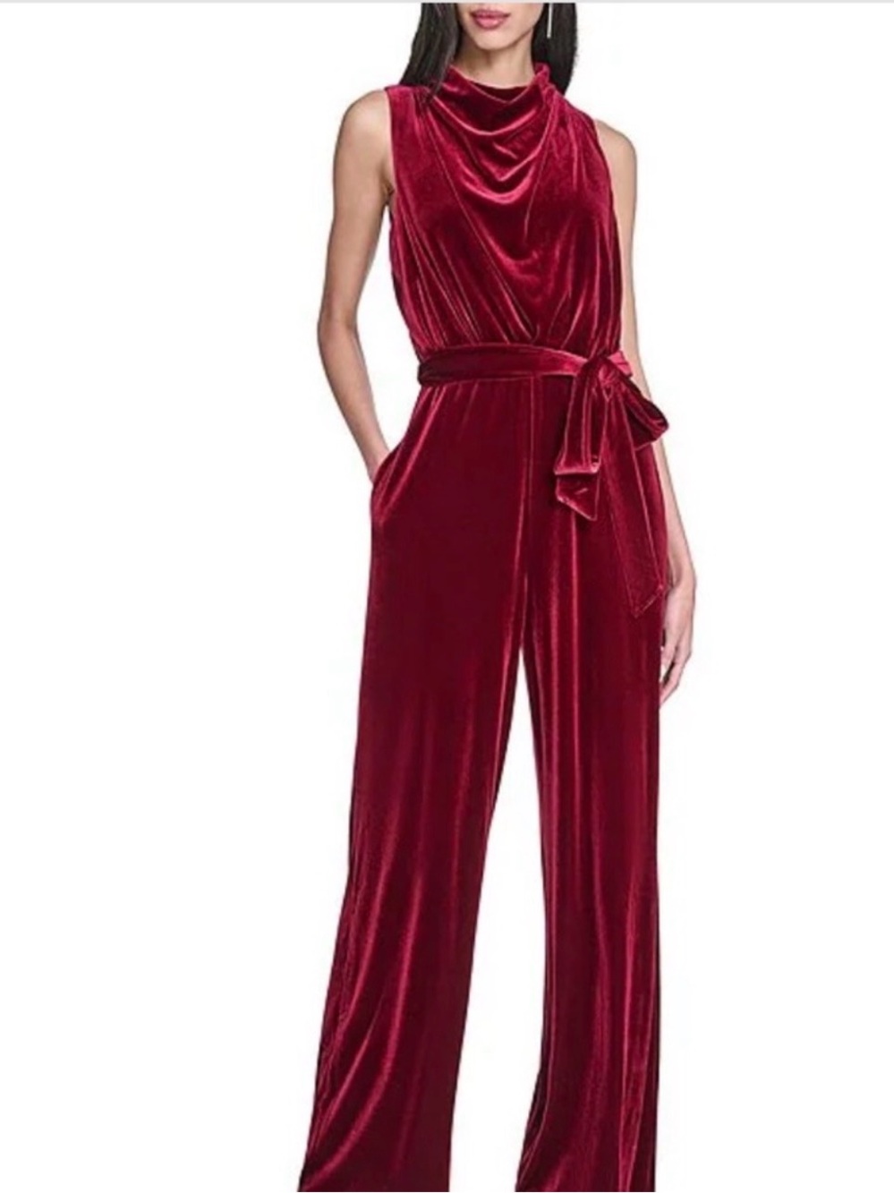 NWT Vince Camuto L Velvet Cowl Neck Wide Leg Jumpsuit Red Sleeveless Tie Belt